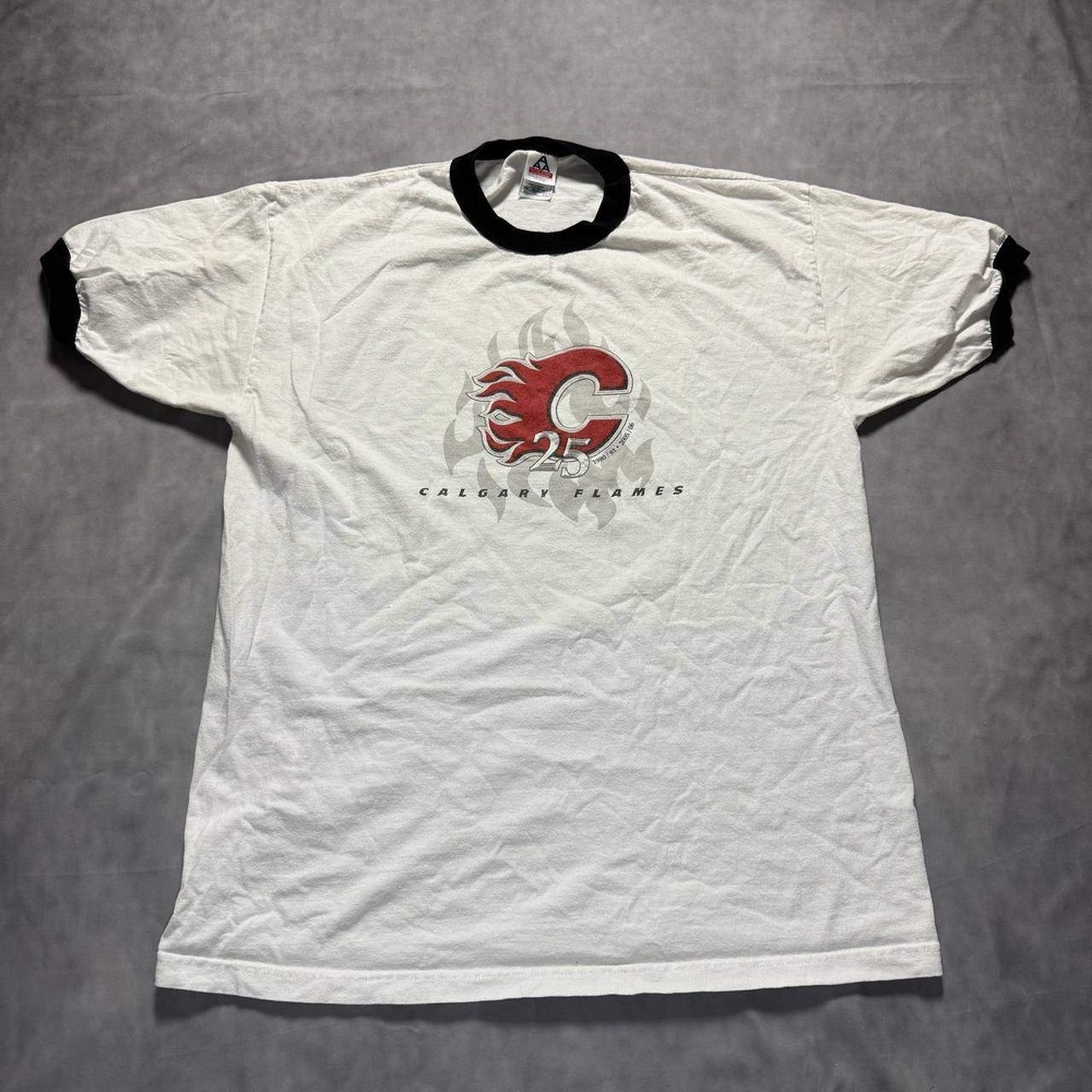 Vintage Calgary Flames 25th Anniversary Ringer‎ T-Shirt White Mens XL NHL Hockey